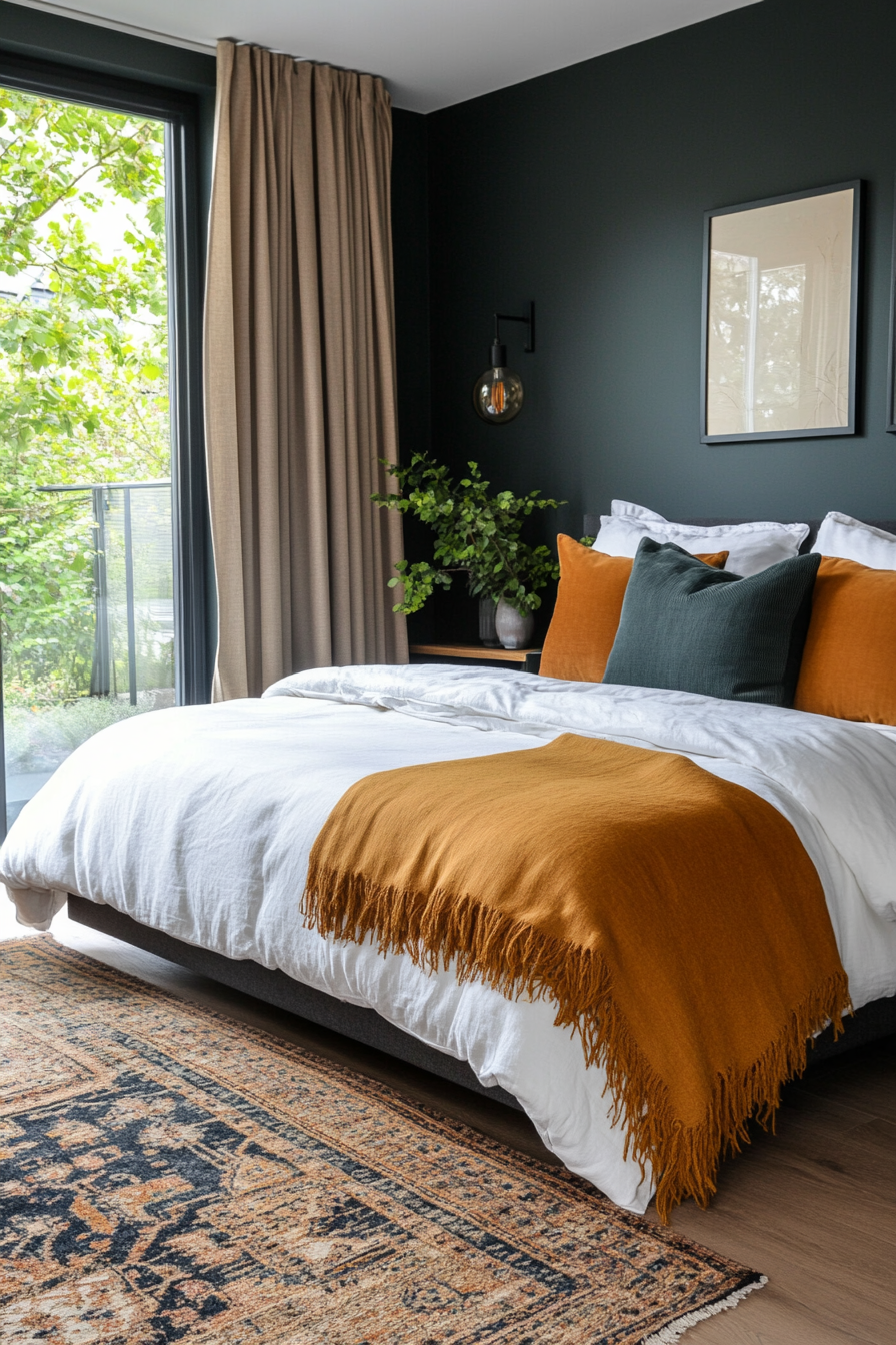 Soft rugs layered over dark floors in a small moody bedroom