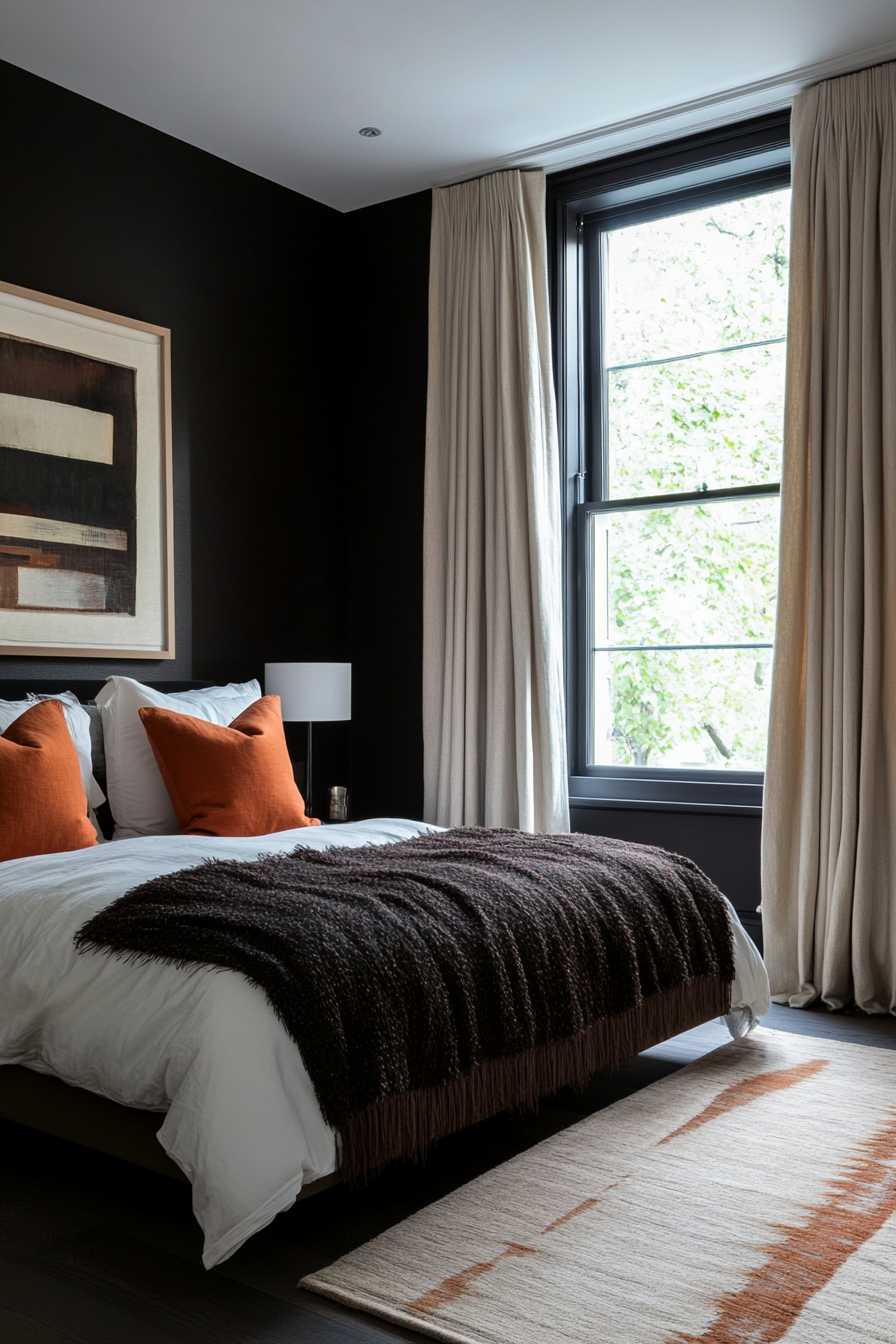 Soft rugs layered over dark floors in a small moody bedroom