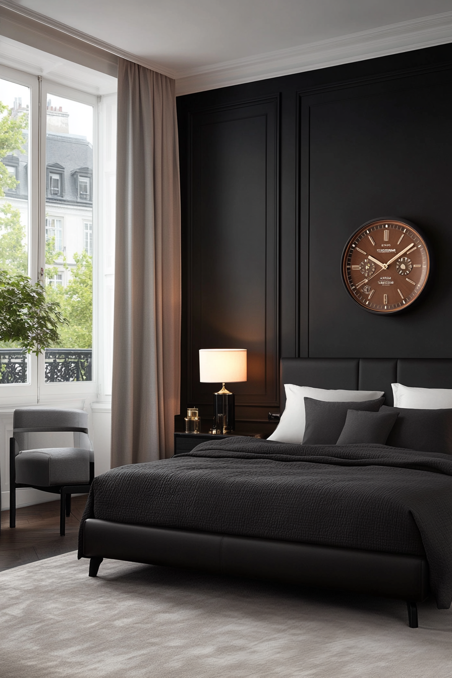 Matte black finishes paired with soft gray in a small moody bedroom
