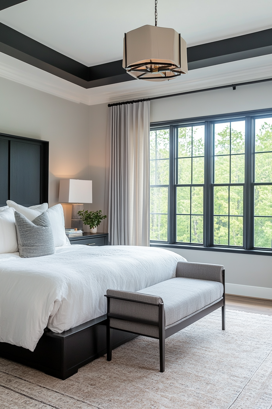 Matte black finishes paired with soft gray in a small moody bedroom