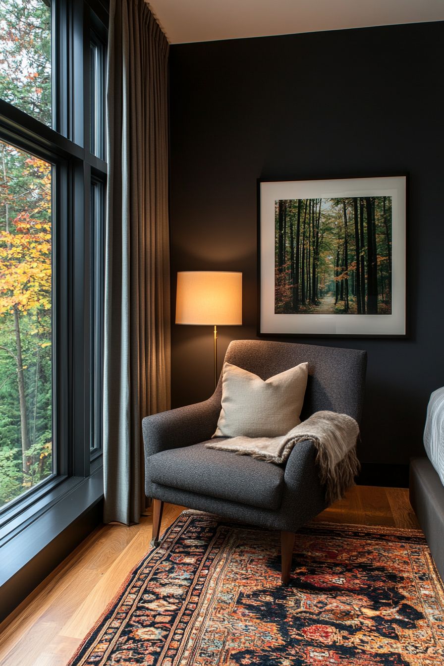 Cozy nook with low ambient lighting in a small moody bedroom