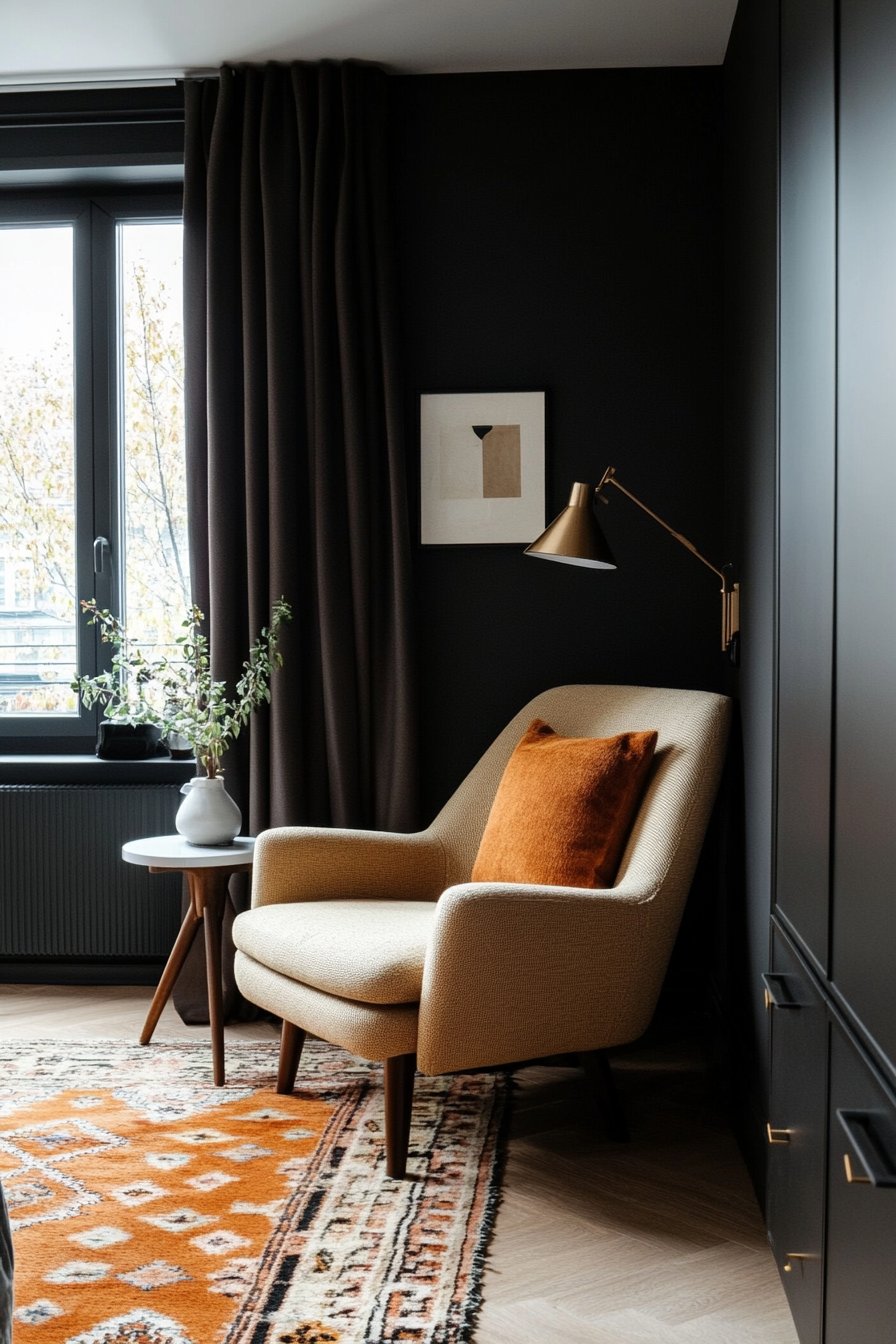 Cozy nook with low ambient lighting in a small moody bedroom