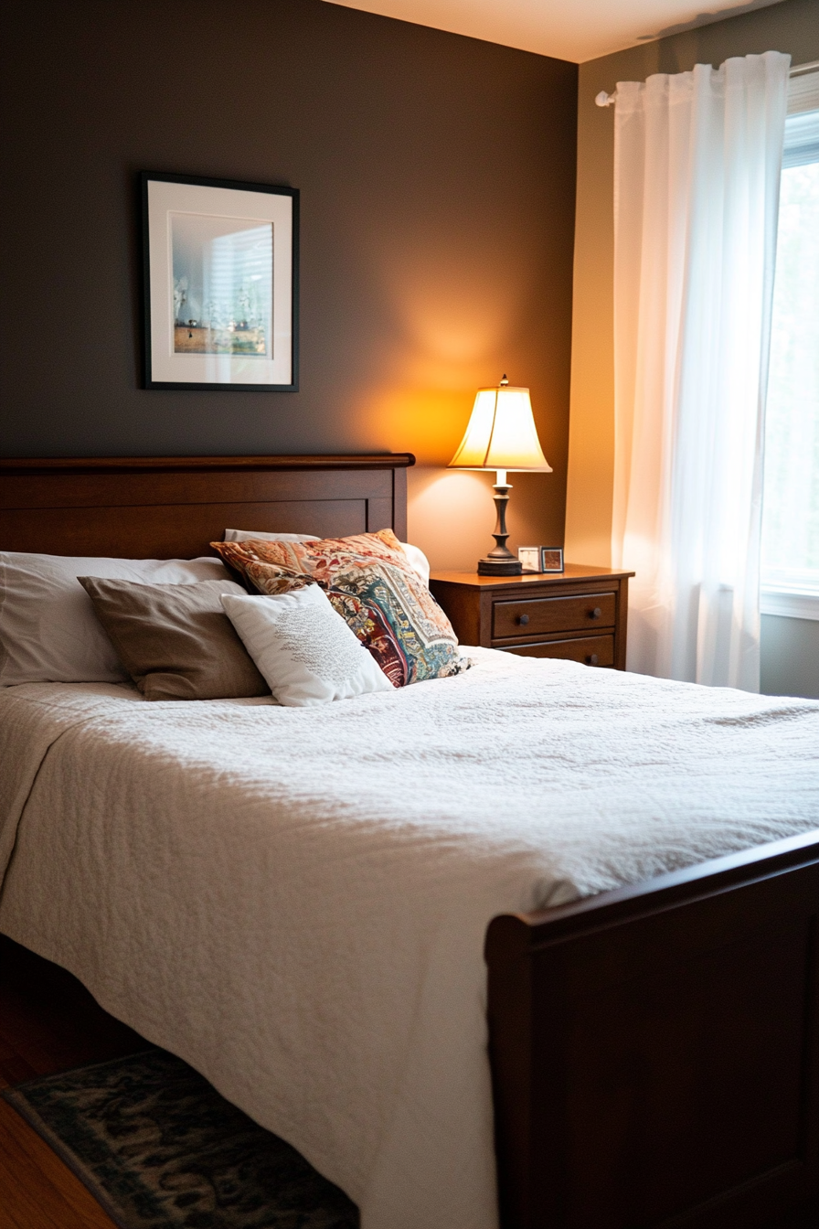 Small bedside tables with vintage lamps in a small moody bedroom