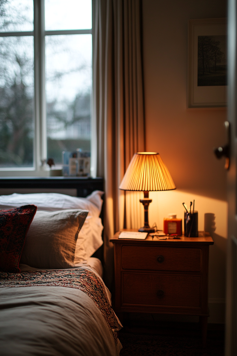 Small bedside tables with vintage lamps in a small moody bedroom