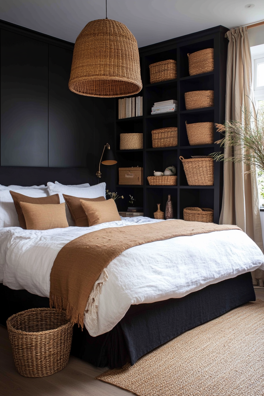 Woven baskets for chic, hidden storage in a small moody bedroom