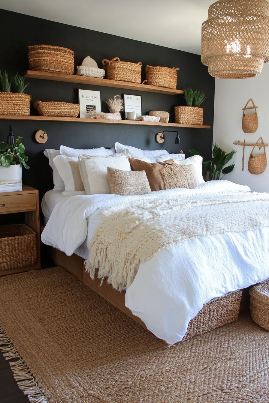 Woven baskets for chic, hidden storage in a small moody bedroom