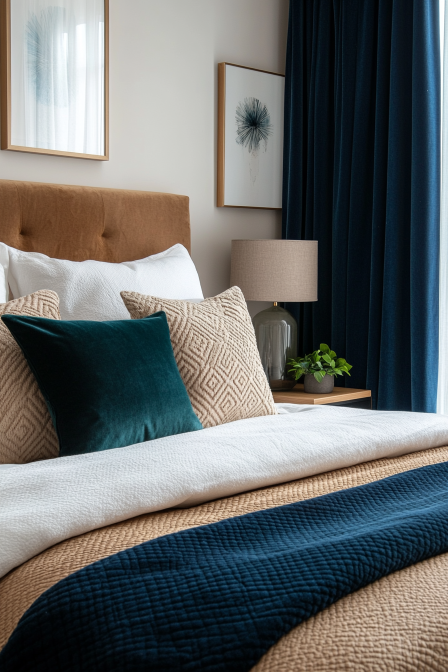 Velvet drapes and layered textured bedding in a small moody bedroom