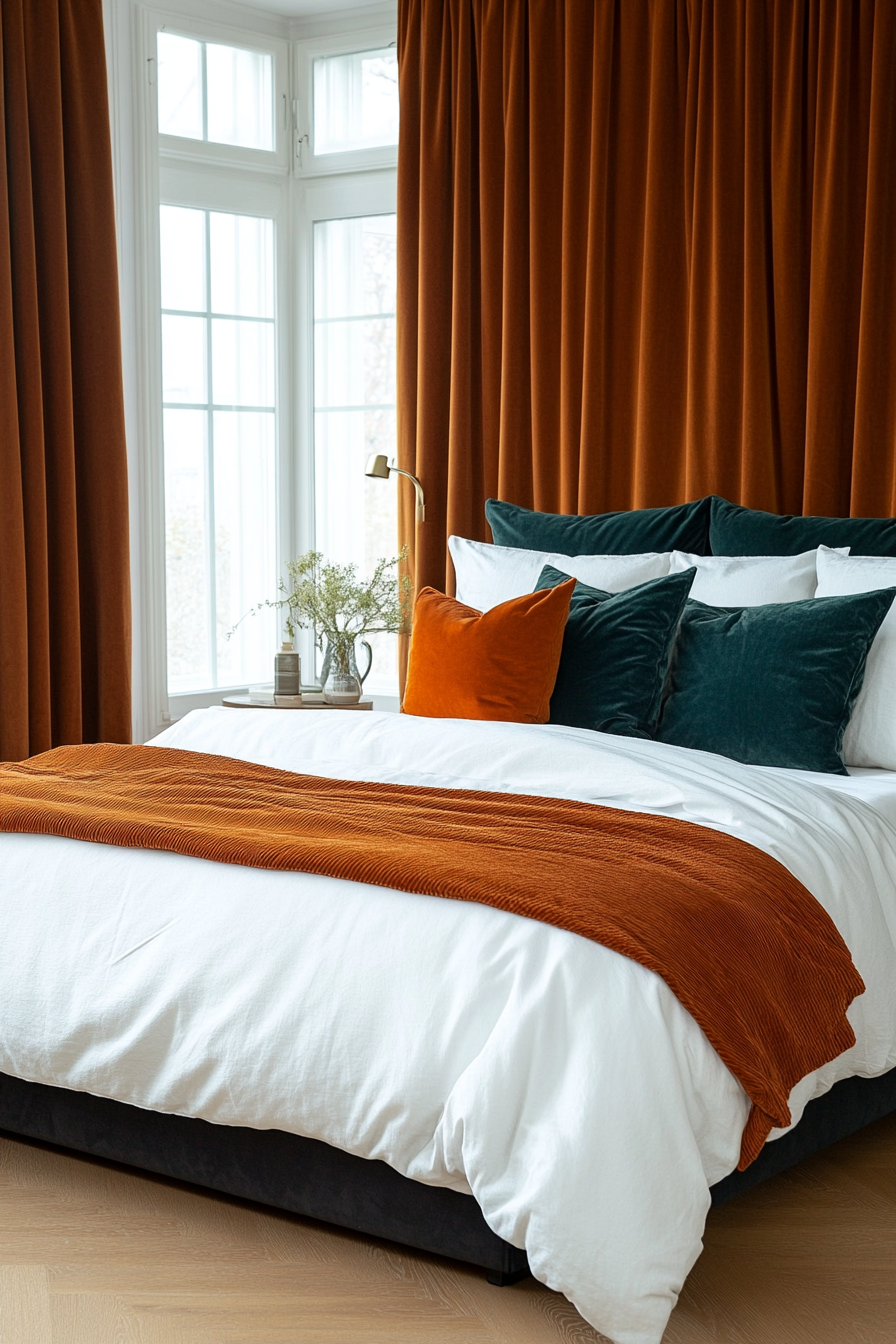 Velvet drapes and layered textured bedding in a small moody bedroom
