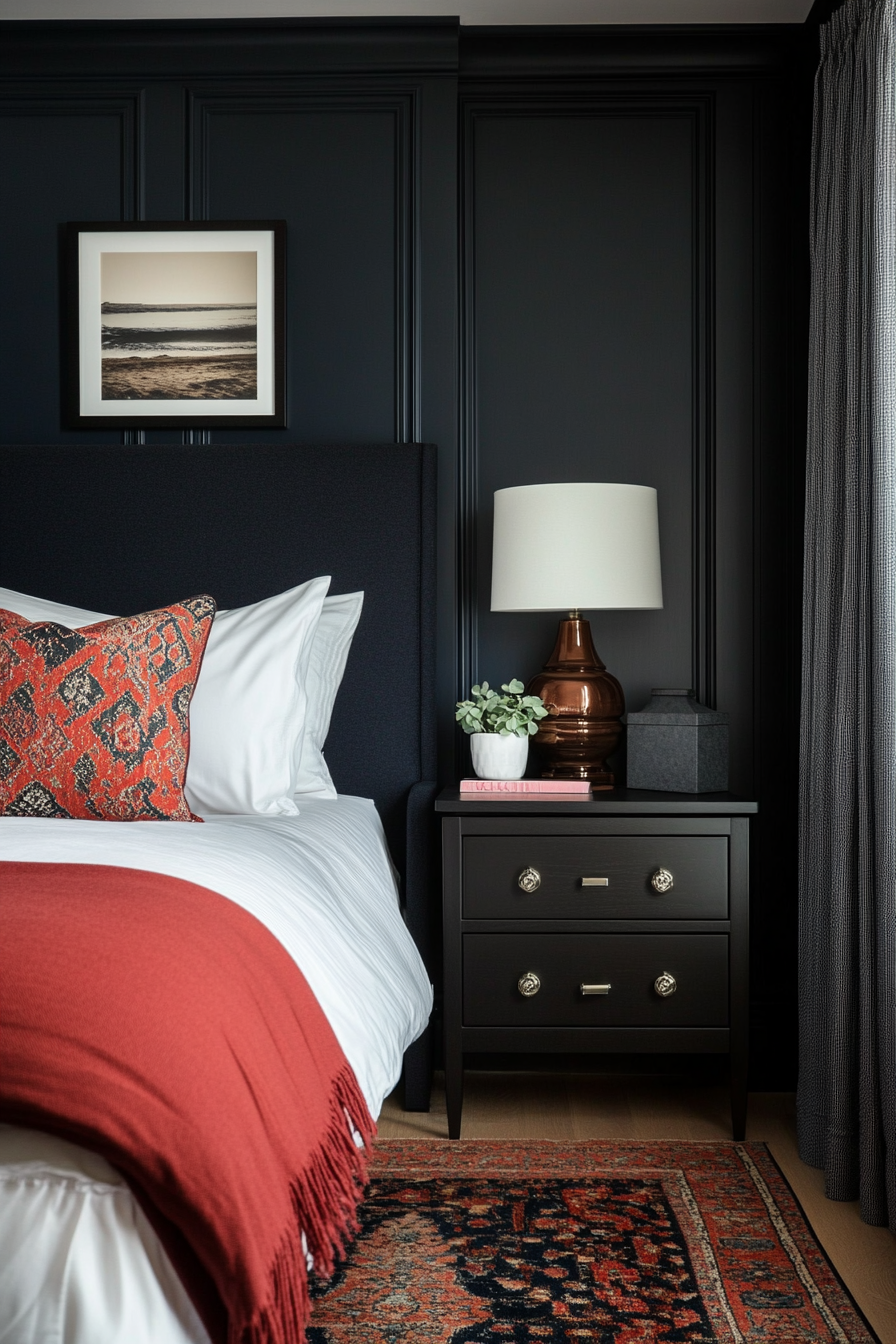 Compact furniture with deep, dramatic hues in a small moody bedroom