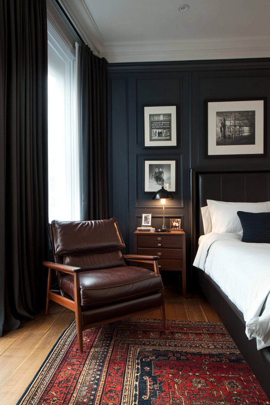 Compact furniture with deep, dramatic hues in a small moody bedroom