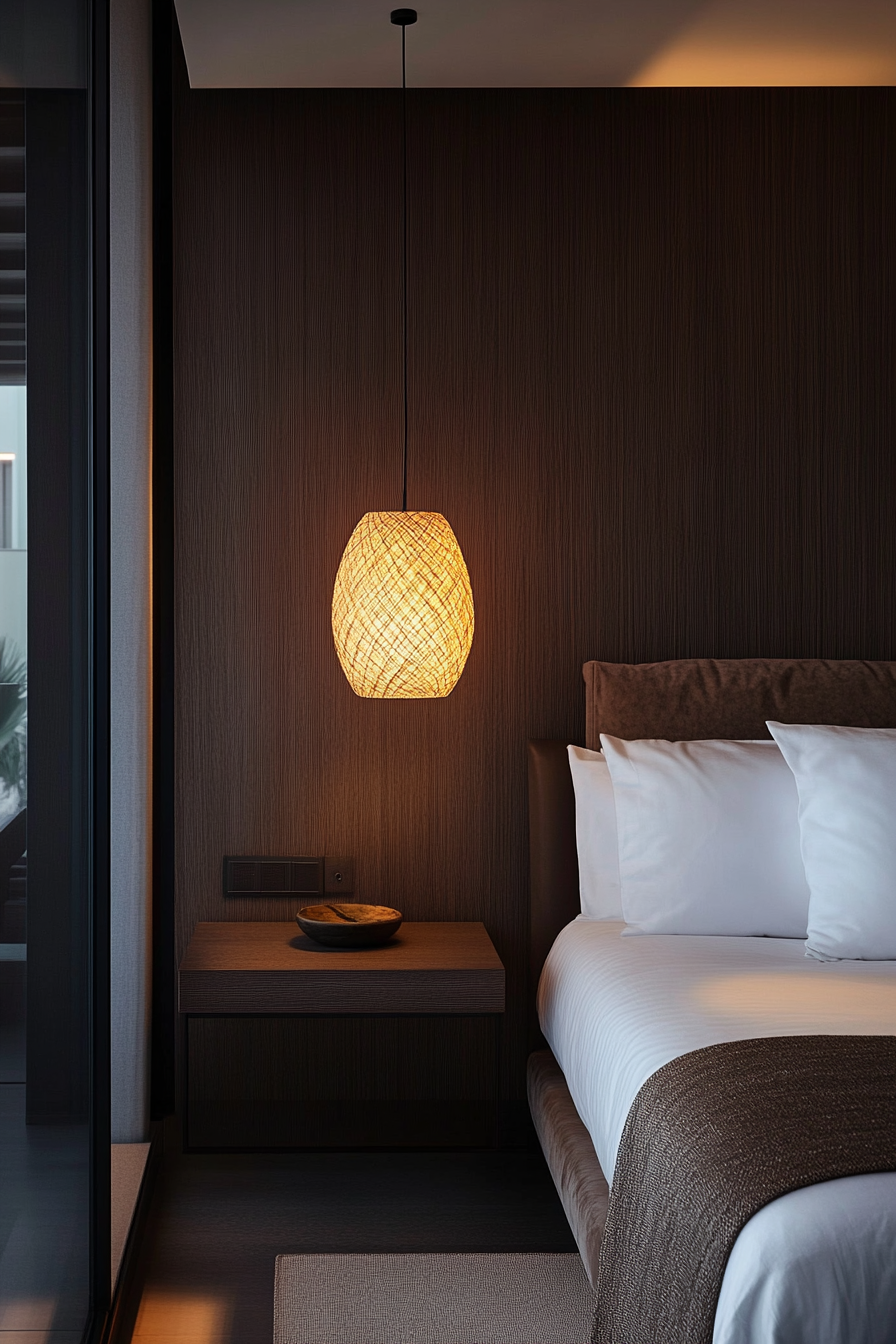 Statement pendant light for a cozy glow in a small moody bedroom