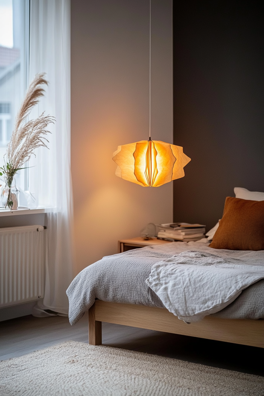 Statement pendant light for a cozy glow in a small moody bedroom