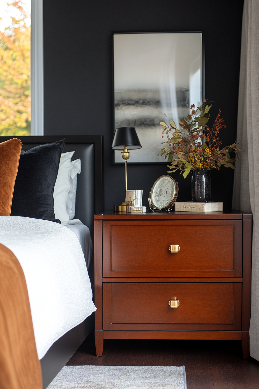 Black accents with dark wood finishes in a small moody bedroom