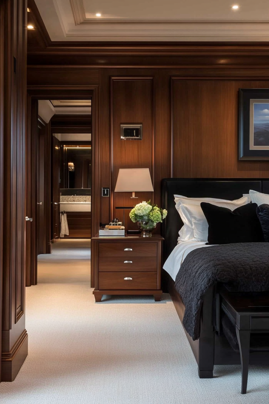 Black accents with dark wood finishes in a small moody bedroom