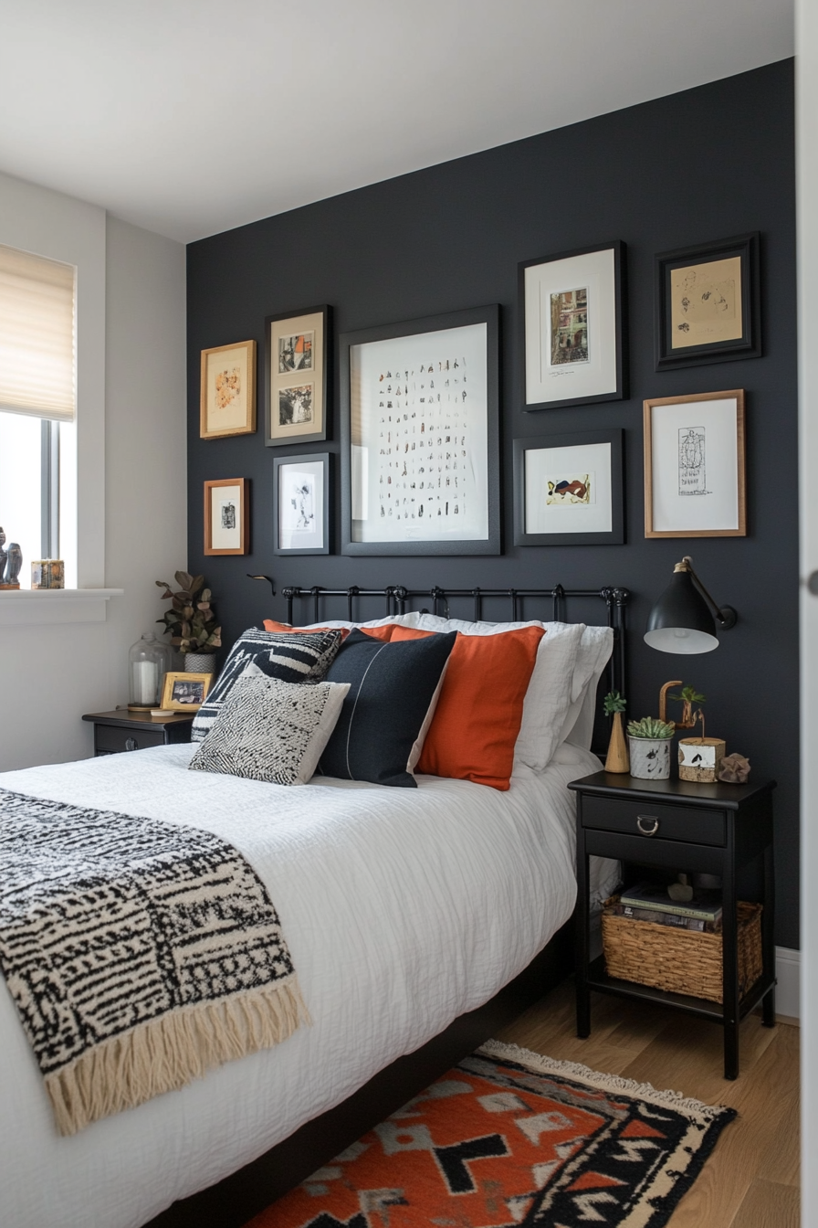 Moody gallery wall with monochrome art in a small moody bedroom