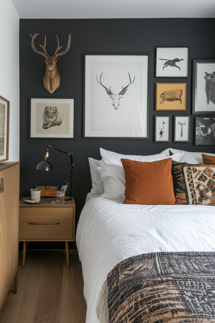 Moody gallery wall with monochrome art in a small moody bedroom