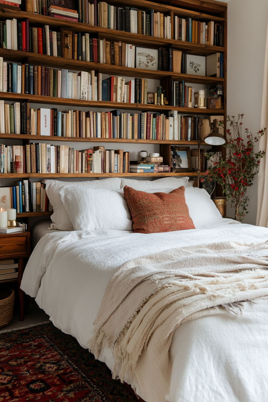 Floor-to-ceiling shelving with books and candles in a small moody bedroom