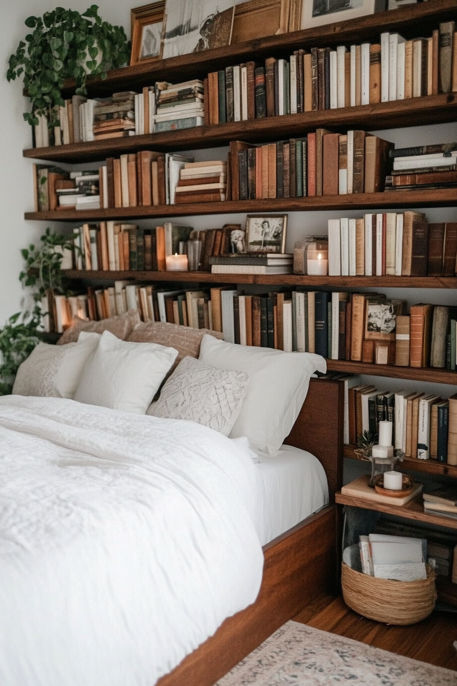 Floor-to-ceiling shelving with books and candles in a small moody bedroom