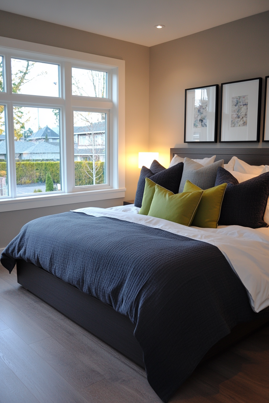 Luxe bedding in charcoal and jewel tones in a small moody bedroom