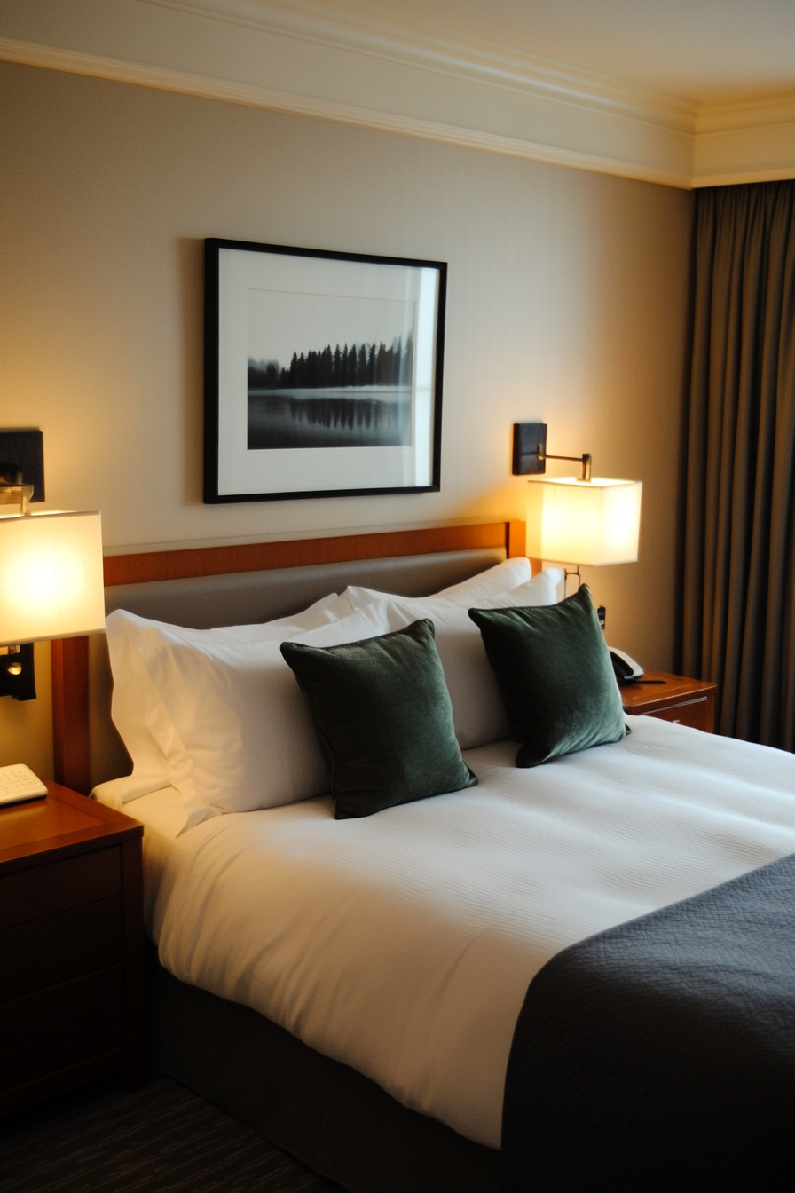 Luxe bedding in charcoal and jewel tones in a small moody bedroom