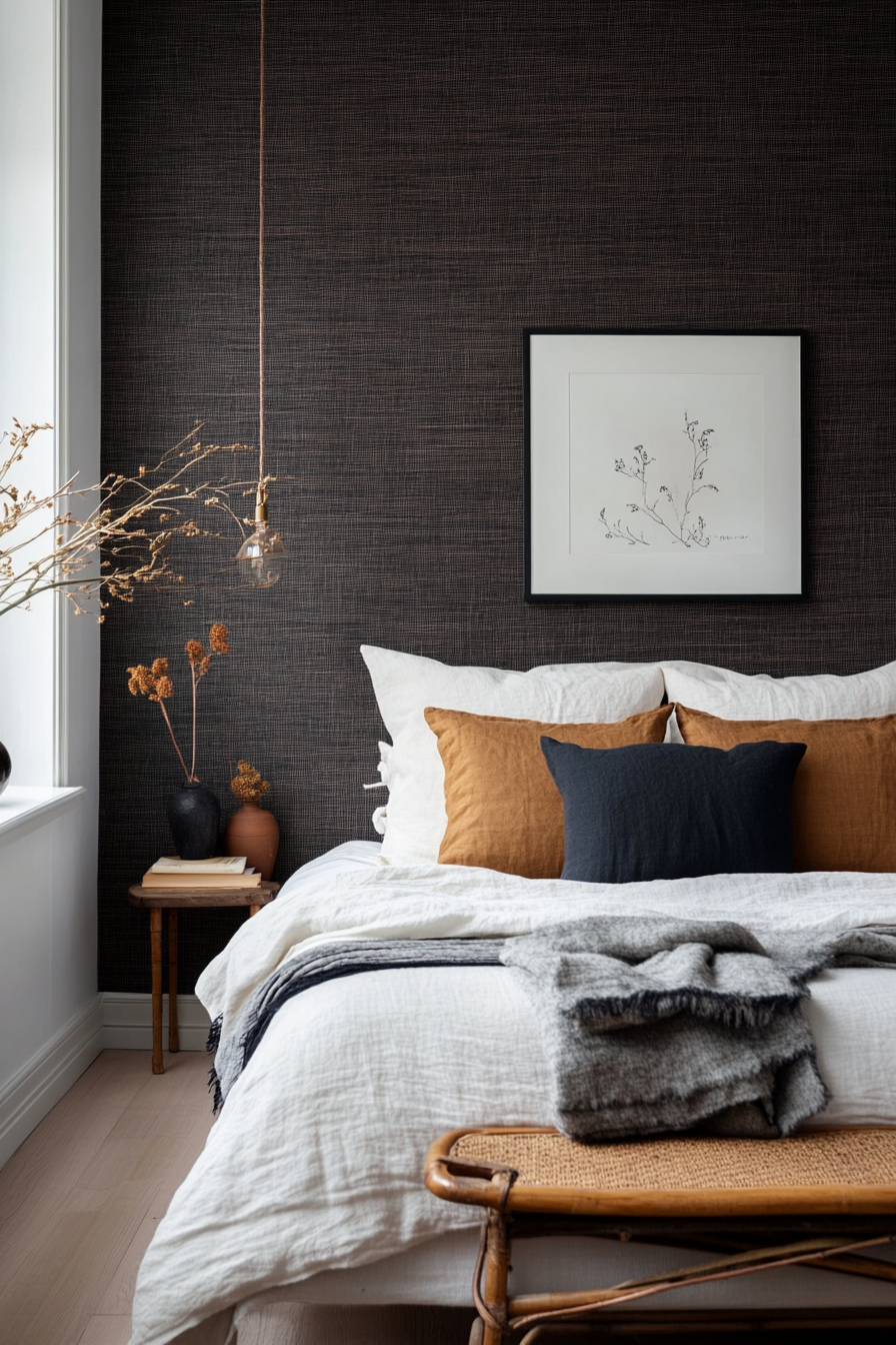 Textured wallpaper with subtle metallic shimmer in a small moody bedroom