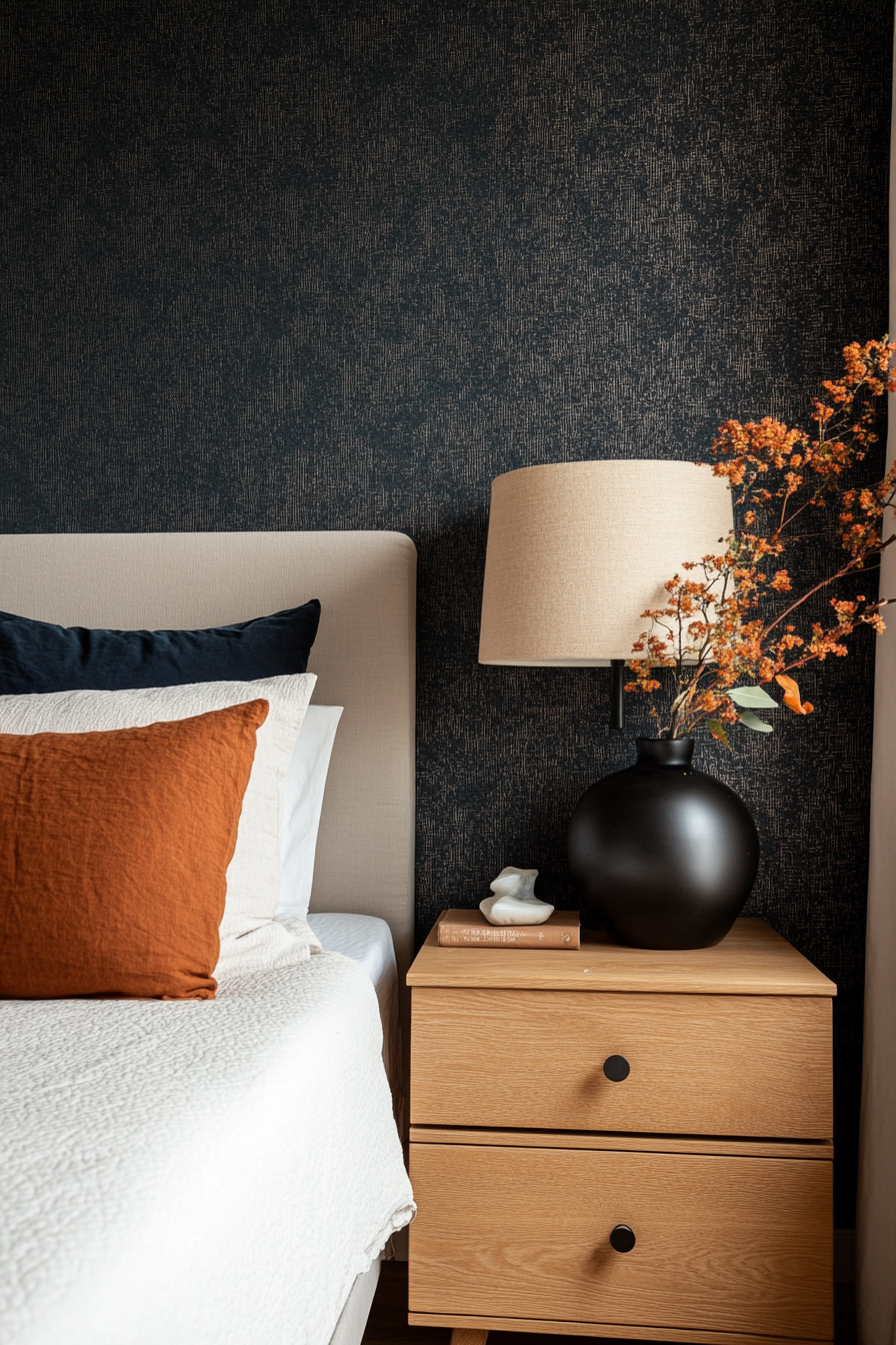 Textured wallpaper with subtle metallic shimmer in a small moody bedroom