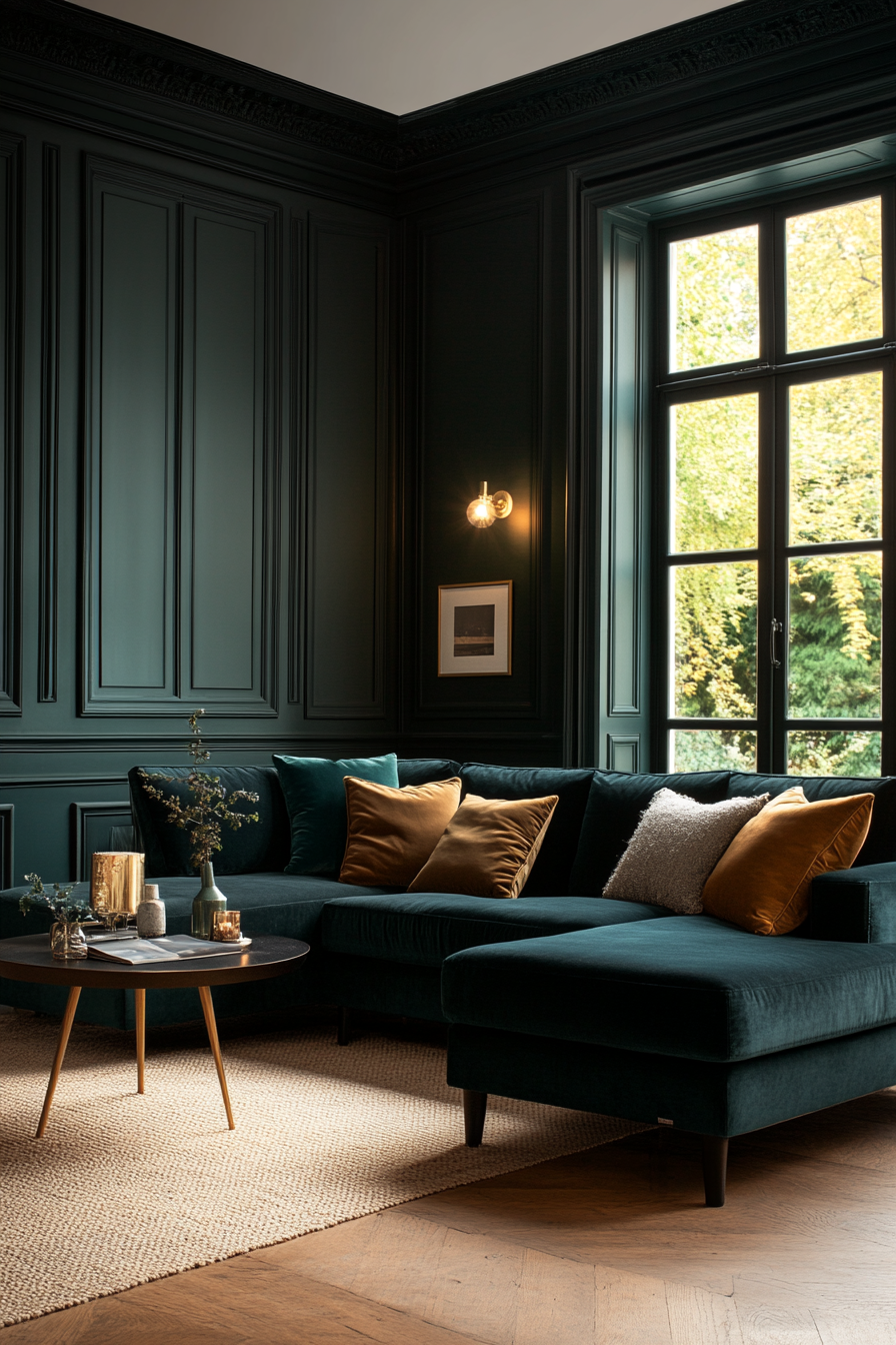 Deep emerald walls with velvet seating in a cozy small living room