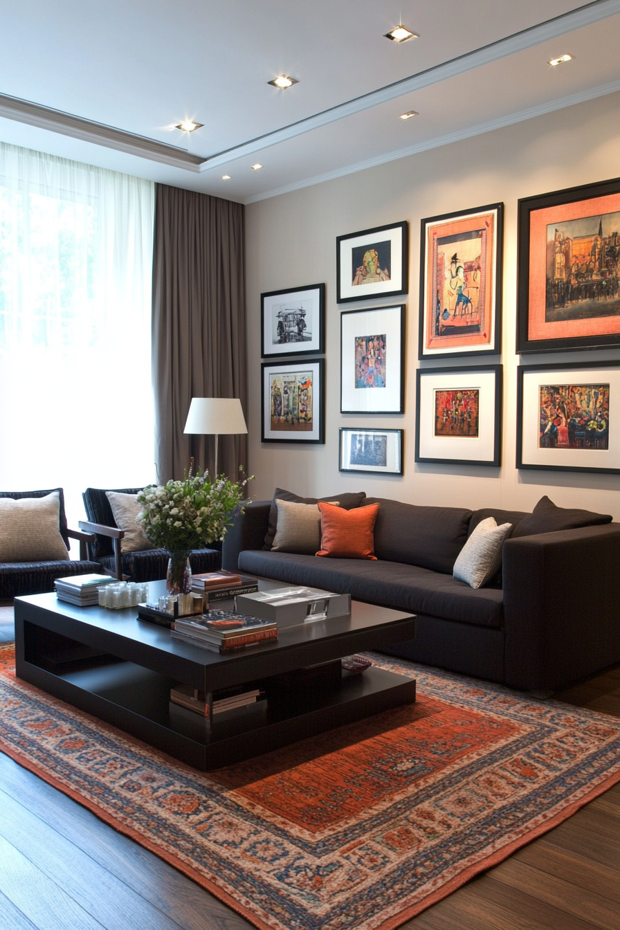 Close-up of a moody art gallery wall in a small, softly lit living room