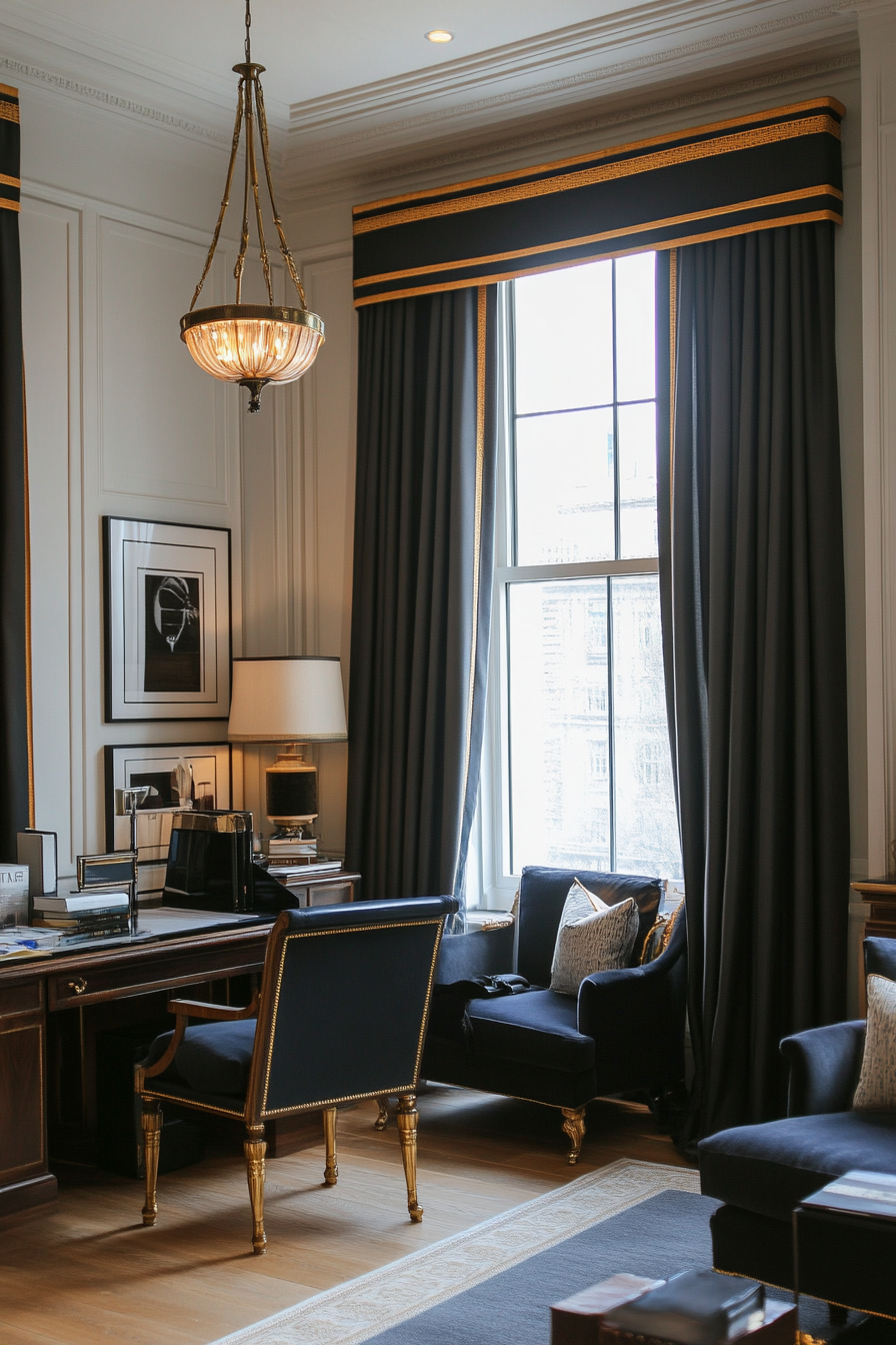 Charcoal curtains with gold trim in a small moody living room