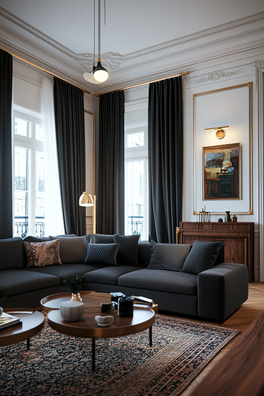 Detailed view of charcoal curtains with gold trim in a small living room