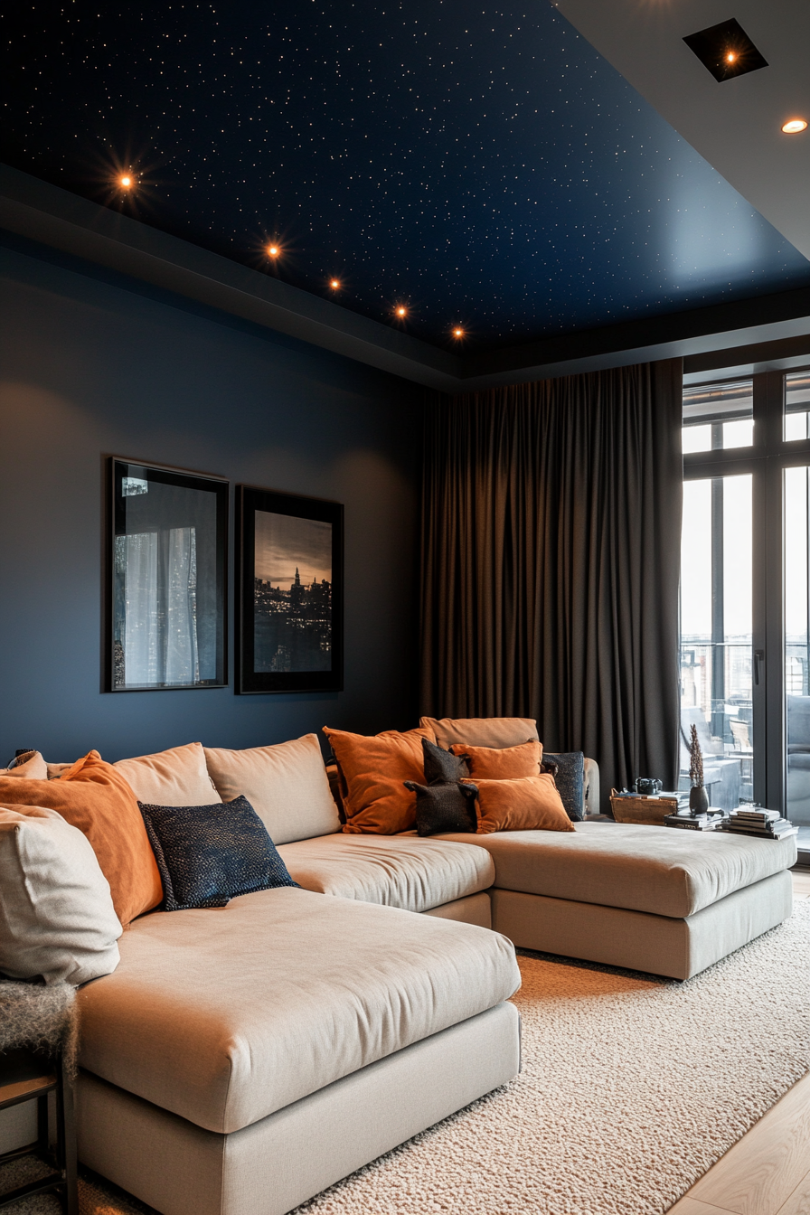 Midnight blue ceiling and a soft gray sofa in a small moody living room