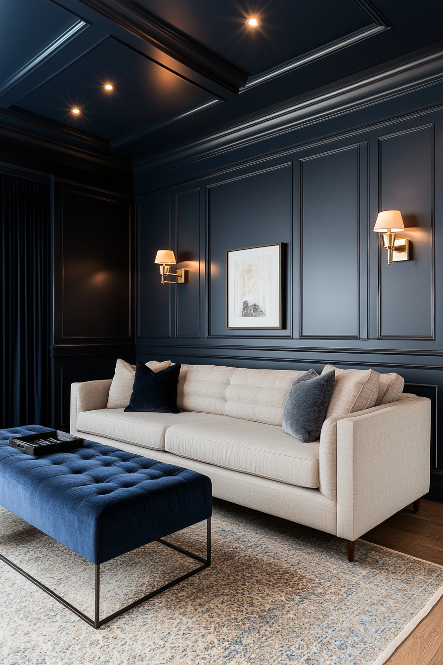 View of a small living room with midnight blue ceiling and gray sofa