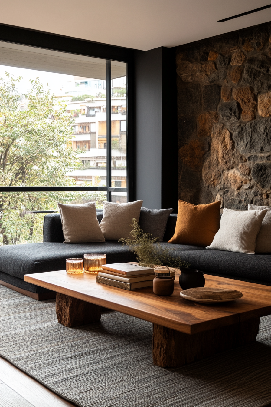 A mix of dark, earthy textures in a small moody living room