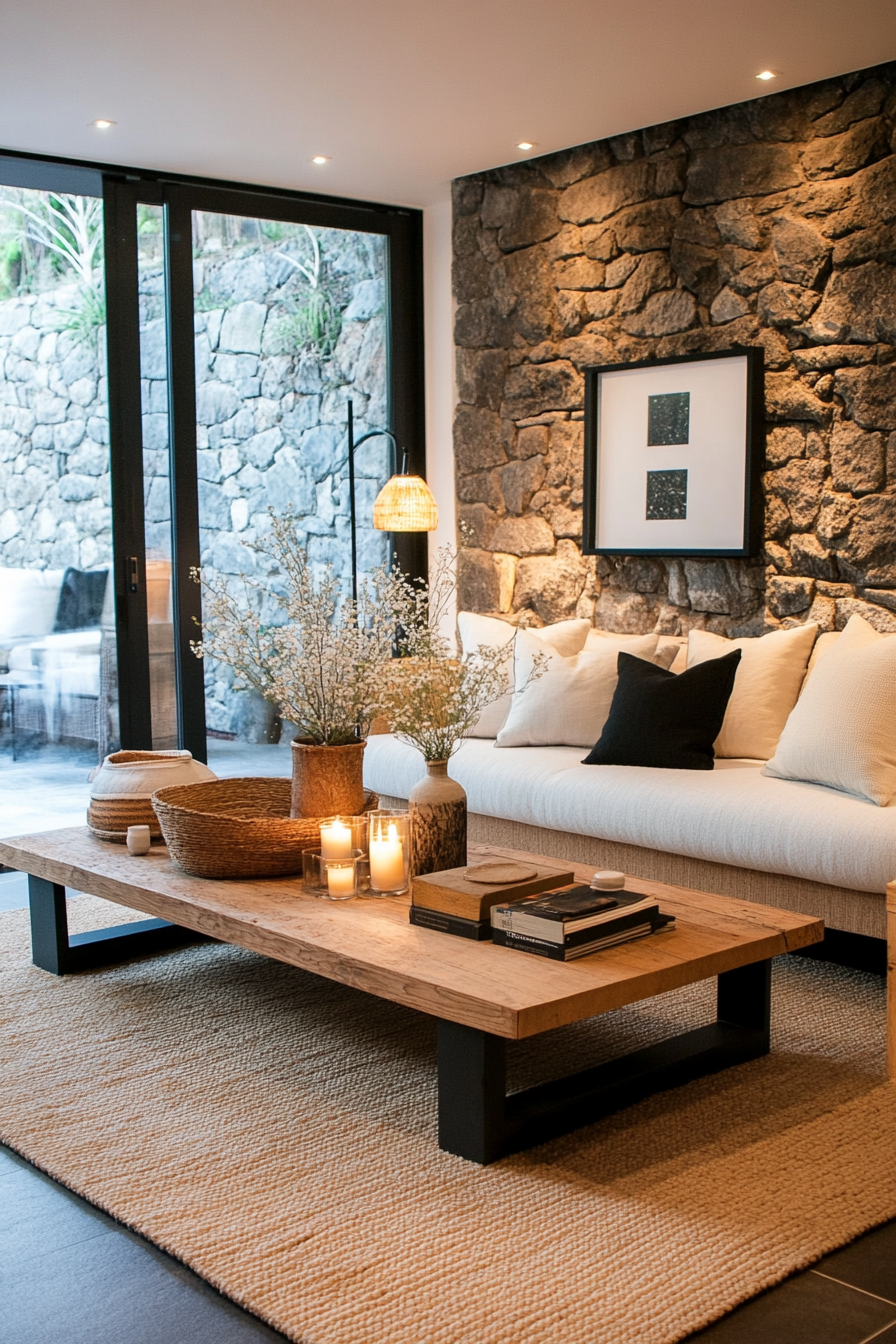 Close-up details of earthy textures in a small moody living room