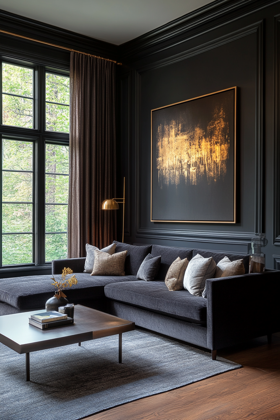Smoky gray walls with metallic accents in a small living room