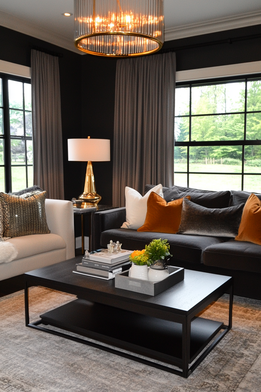 Details of smoky wall colors and metallic accents in a small living room
