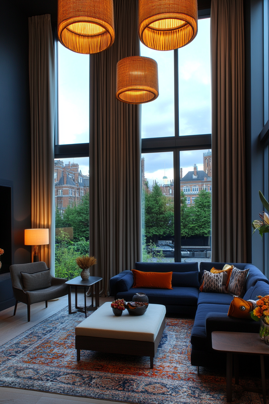 Floor-to-ceiling drapes with warm pendant lights in a small living room