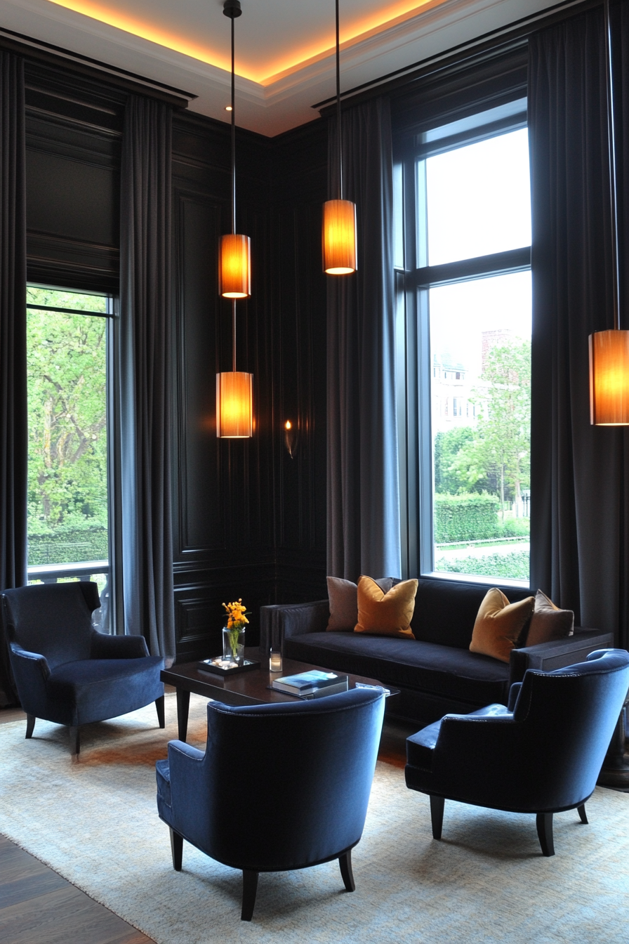Another angle of floor-to-ceiling drapes and warm pendant lighting in a small living room