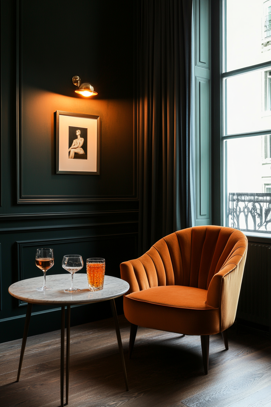 Another angle of deep emerald walls with velvet seating in a small living room