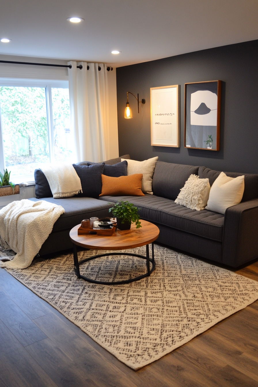 Charcoal gray accents with warm lighting in a small living room
