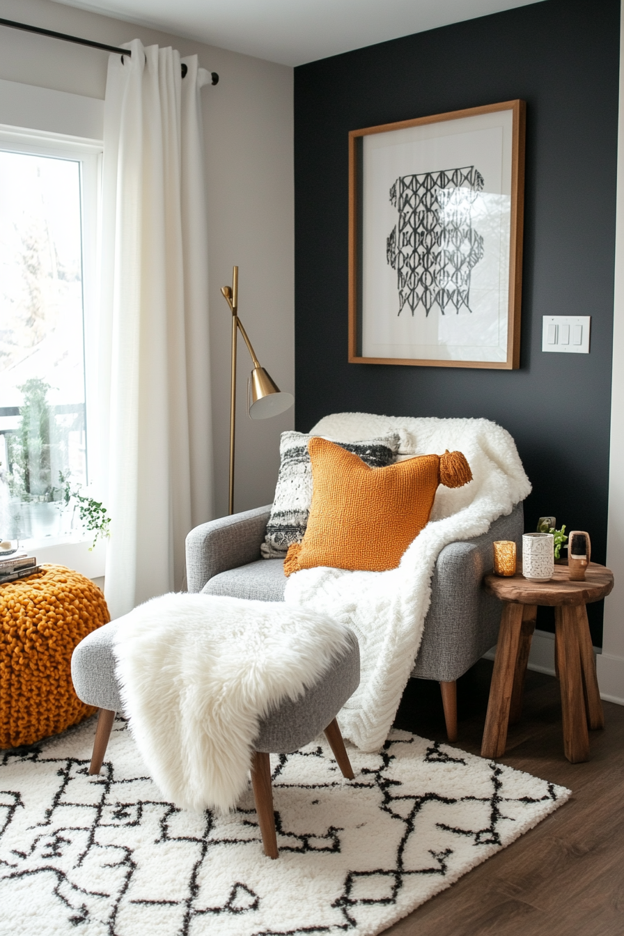 Cozy details of a small living room with charcoal gray accents and warm lighting