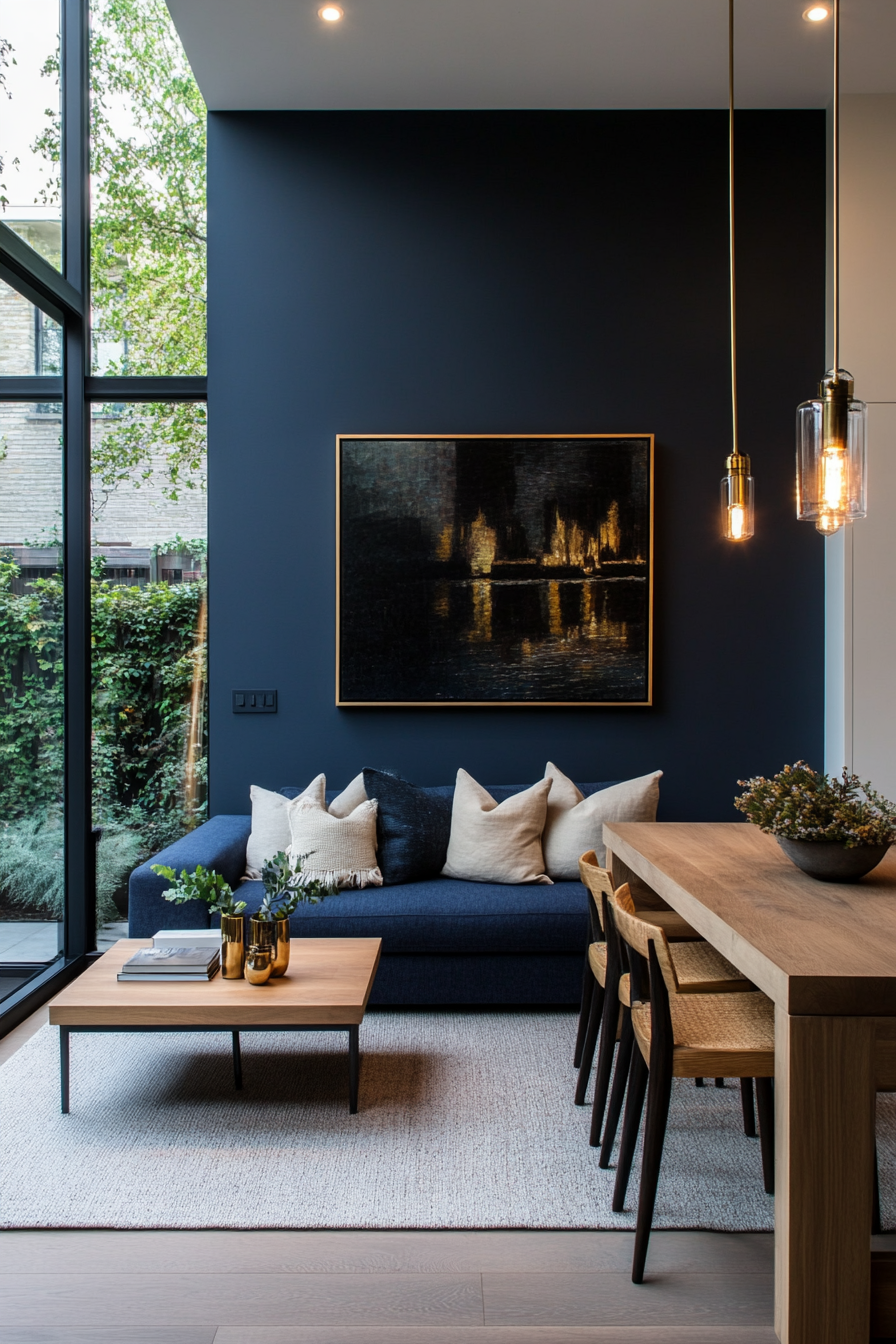 Navy walls accented with brass and wood in a small living room