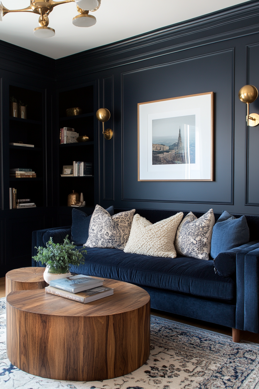 Close-up of navy tones, brass, and wood in a small living room