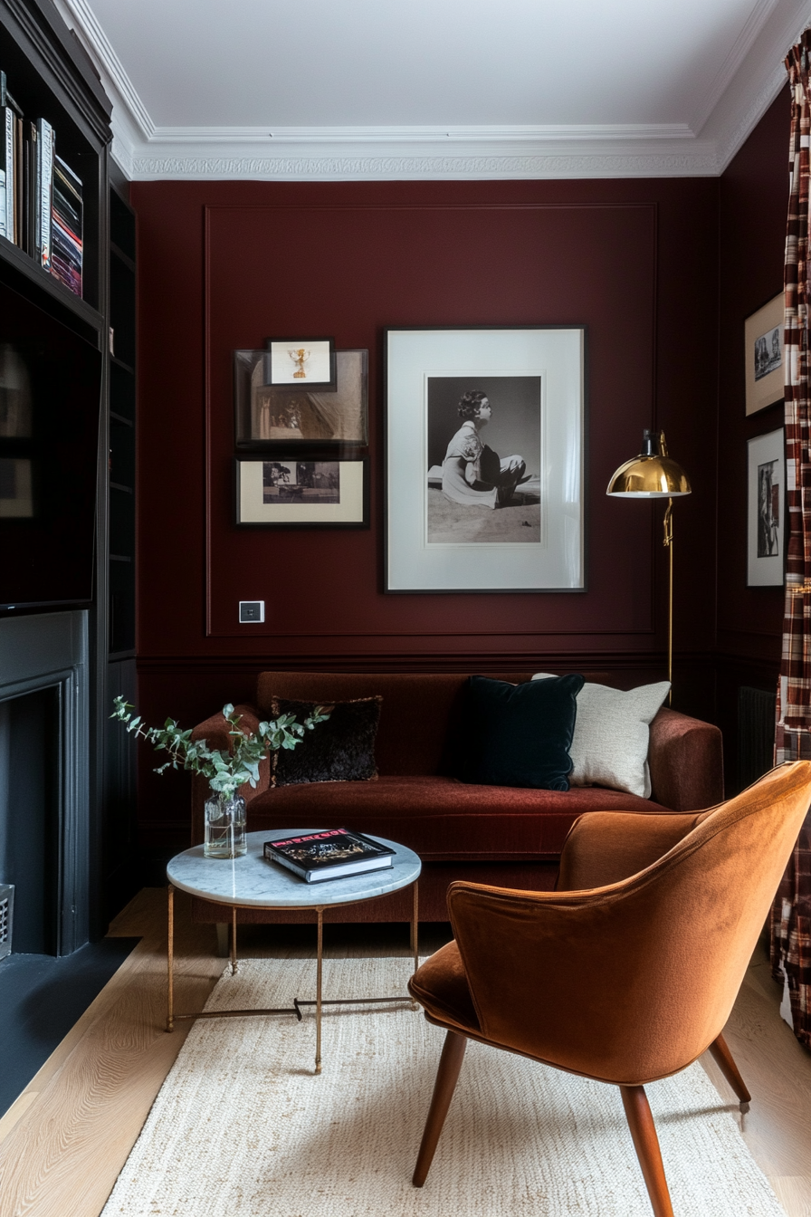 Rich burgundy walls with vintage furniture in a small living room