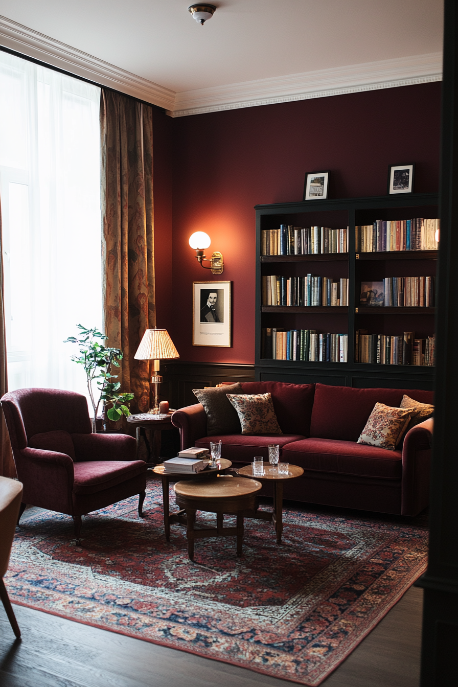 Burgundy living room details with vintage furniture
