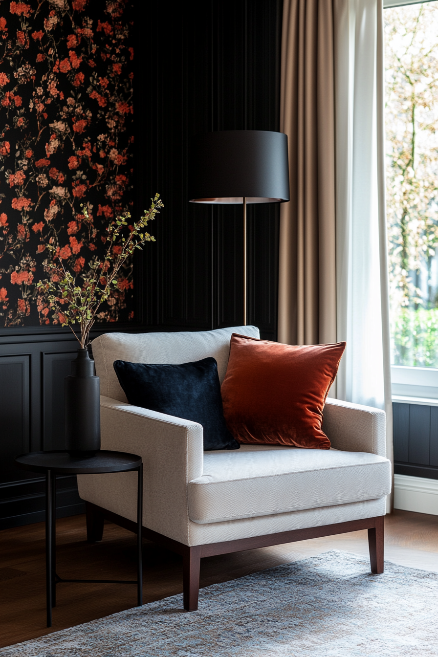 Close-up of dark floral wallpaper and armchair in a small living room