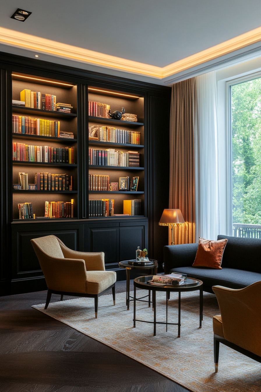 Black bookcases with gold décor highlights in a small living room