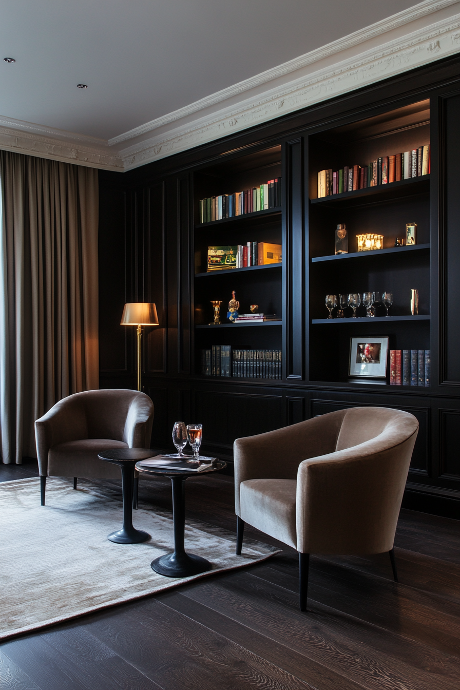Details of black bookcases with gold decorative items in a small living room