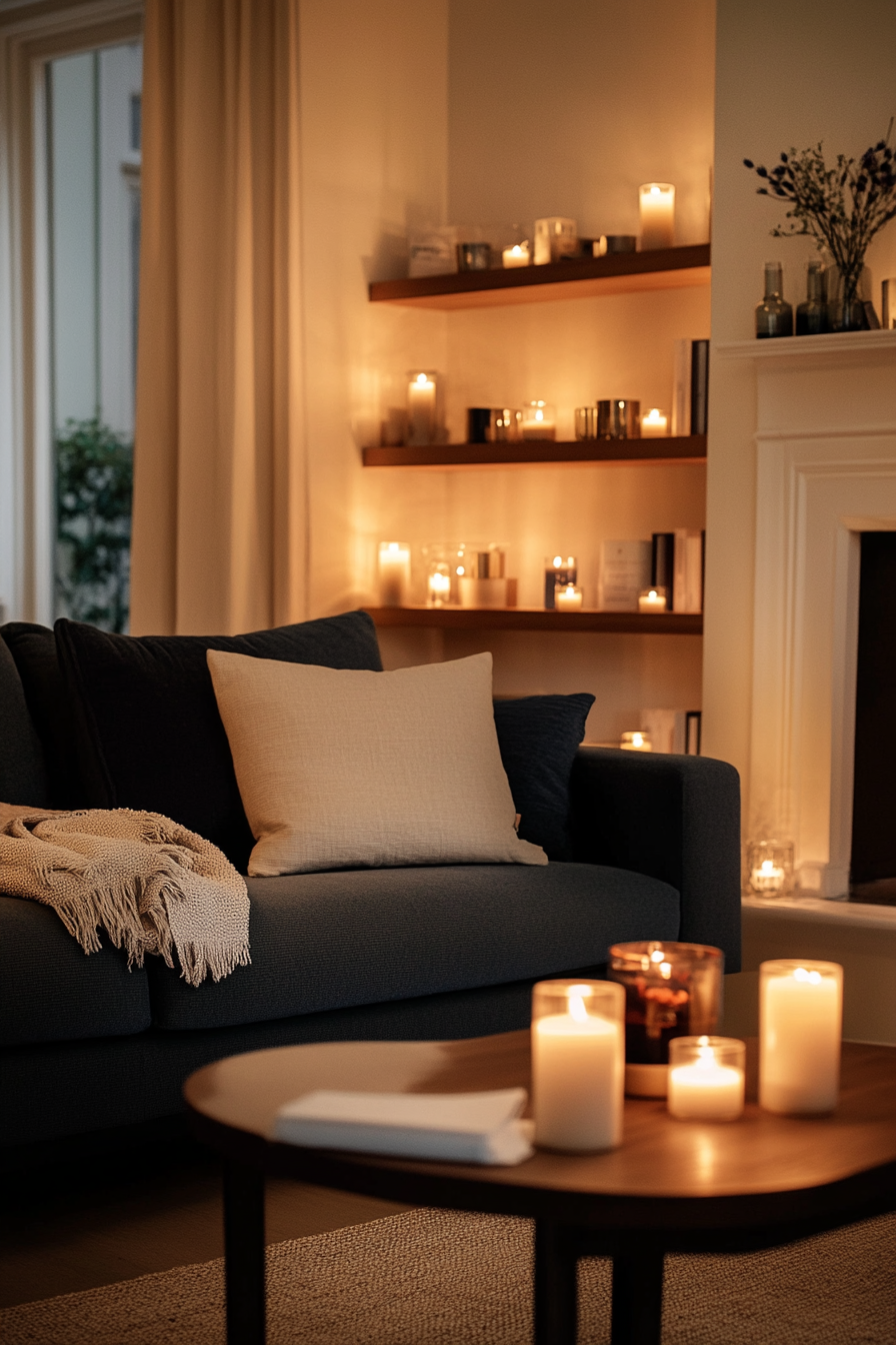 Shelves lit by candles with muted jewel tones in a small living room