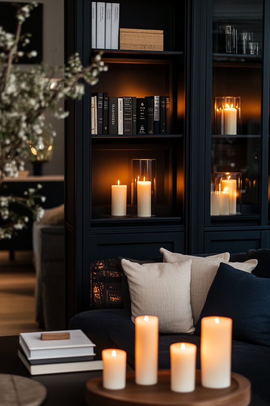 Close-up of candlelit shelves with jewel tones in a cozy living room